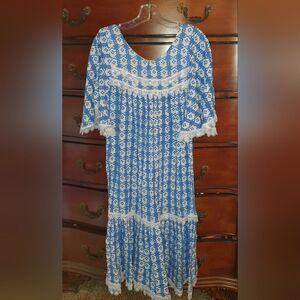 Vtg BOHO BLUE Lace Cornflower House Dress sz Small